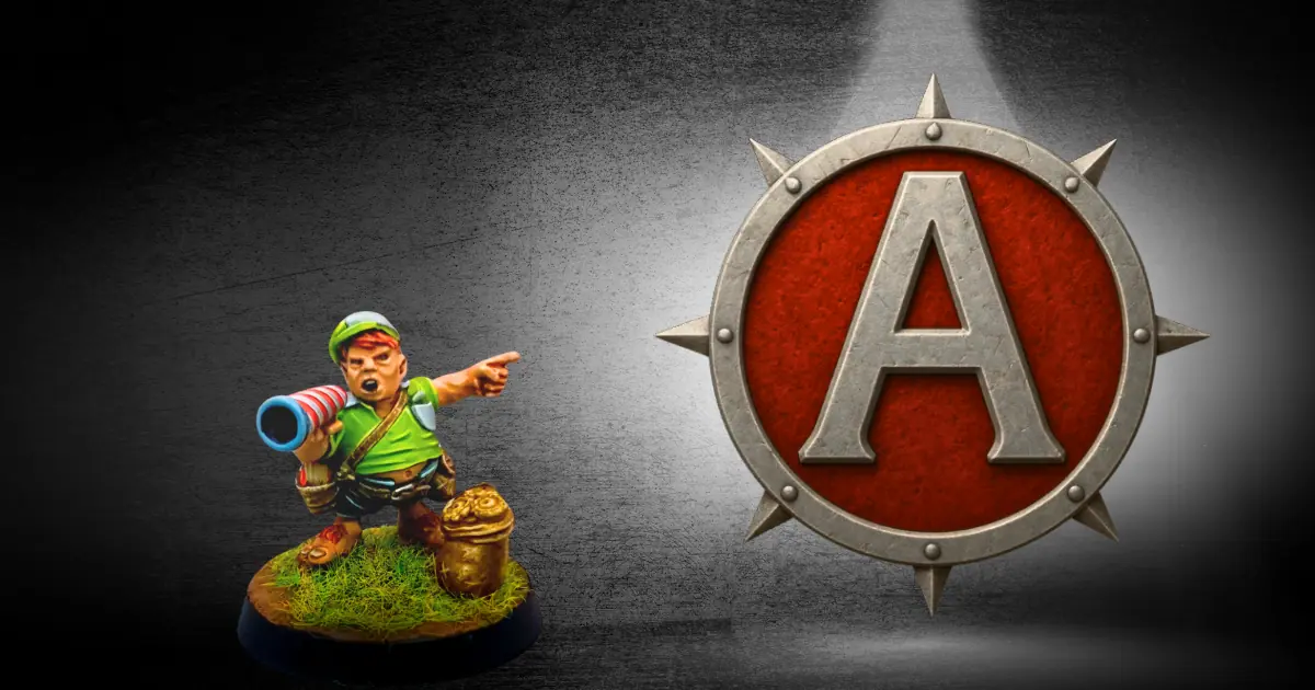 Painted Agema Minis 3D printed miniature beside the Agema Minis emblem
