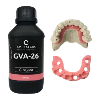 GVA-26 Gingiva Pink bottle next to detailed 3D-printed pink U-shaped gingival mask with vent holes and small teeth sample