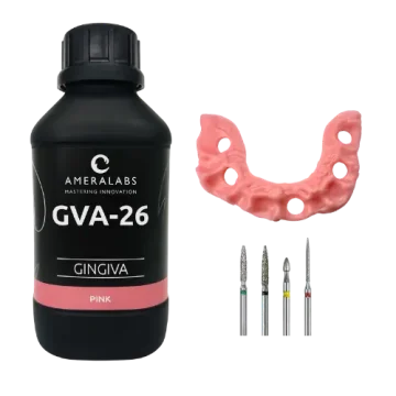 GVA-26 Gingiva Pink bottle, 3D-printed pink U-mask, and set of 4 diamond dental burs