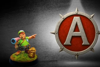 Painted Agema Minis 3D printed miniature beside the Agema Minis emblem